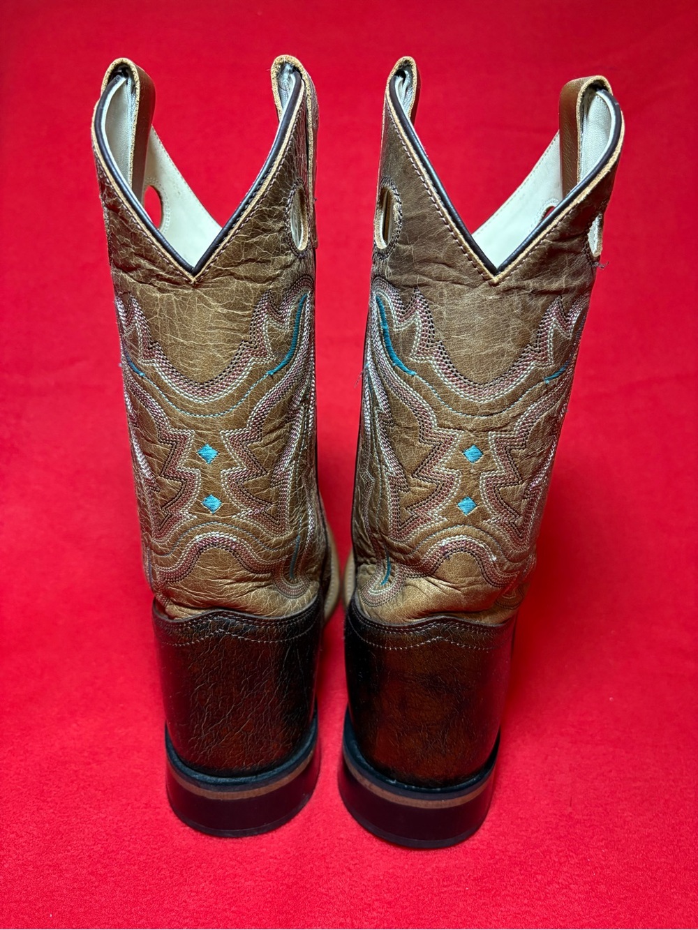 Old West Youth 6D Brown Leather Square Toe Cowboy Boots Blue Stitching - Picture 5 of 13